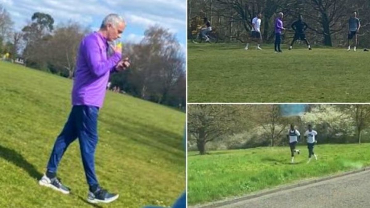 El técnico José Moruinho y los jugadores Tanguy Ndombele, Ryan Sessegnon y Davinson Sánchez fueron captados entrenando en un parque de Londres.