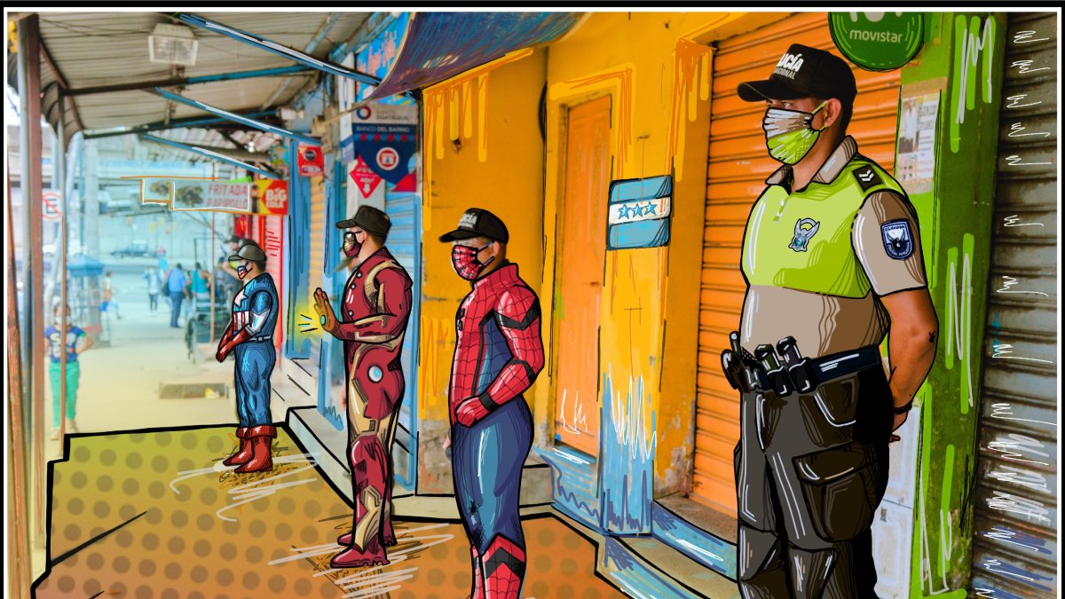 Obra de Micaela Abuhayar, en la cual se puede apreciar a miembros de la Policía Nacional vestidos como Los Avengers.