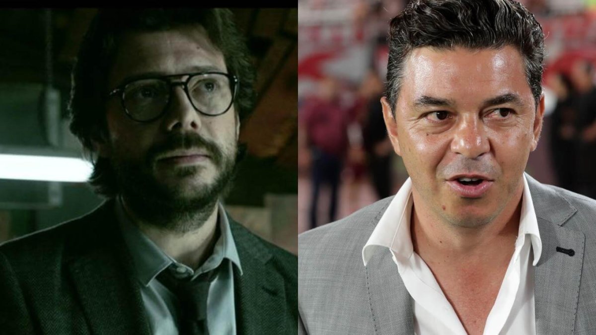 Marcelo Gallardo (d), técnico de River Plate, y Álvaro Morte, que personifica al Profesor en La Casa de Papel.