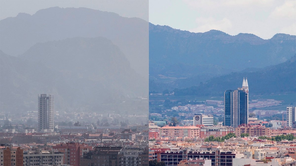 Fotografía que refleja el nivel de contaminación ambiental en la ciudad de Murcia, en febrero y en mayo pasado. 