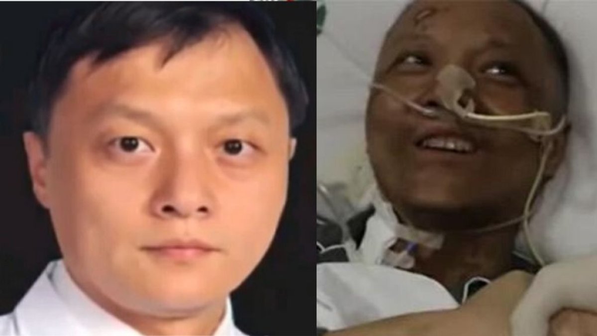 Hu Weifeng, en un retrato antes de infectarse de coronavirus y cuando ya estaba luchando contra el virus.