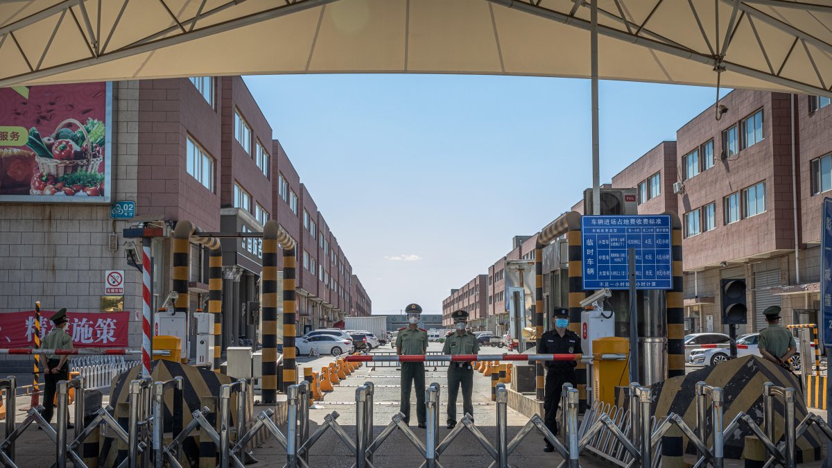 PEKÍN. Agentes de la policía paramilitar y personal de seguridad con máscaras protectoras hacen guardia junto al mercado cerrado de Xinfadi.