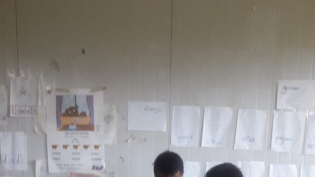 Aprovechando la visita a la escuela Misael Nastacua para la entrega de fichas impresas, el profesor Juan Herrera absuelve las dudas de un alumno.