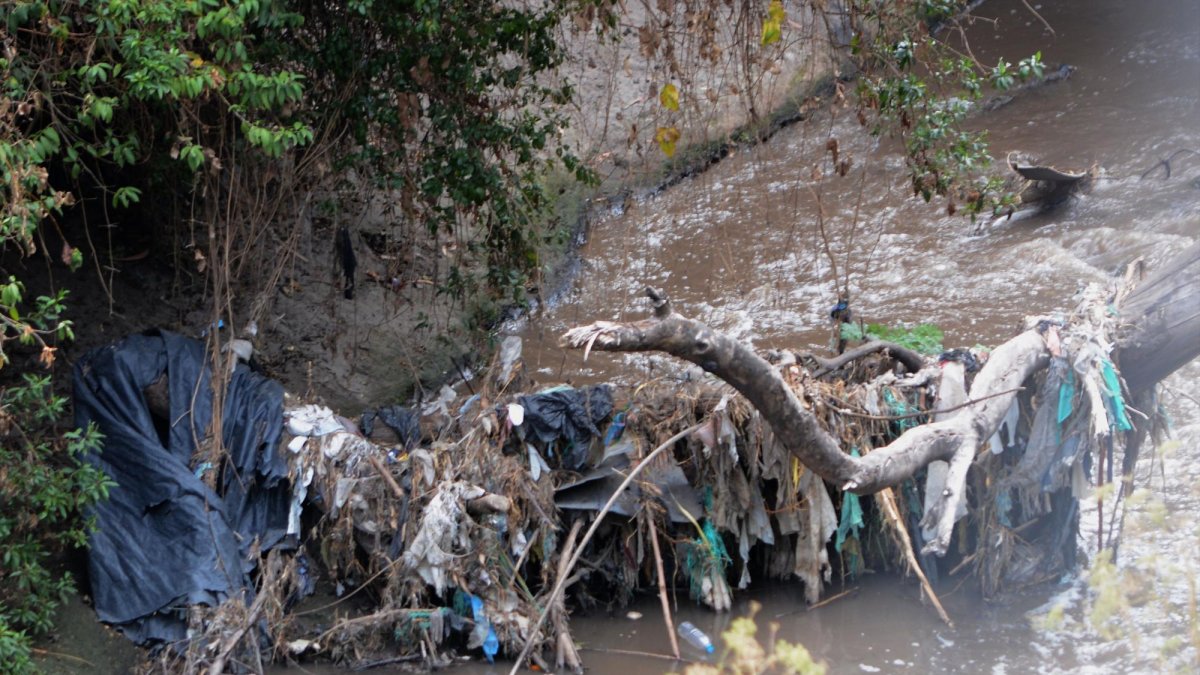 Troncos y piedras atrapan los plásticos arrojados al río por las personas.