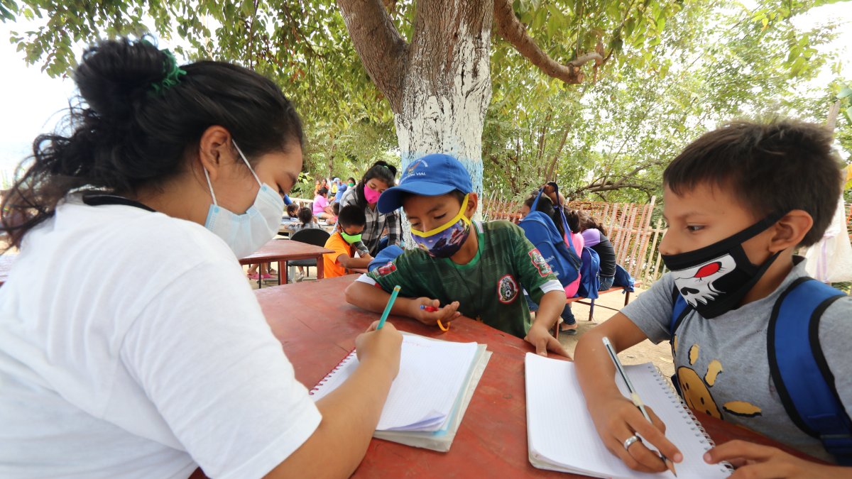 Apoyo. Debajo de un árbol, Denisse Tola (16) y su hermana Génesis (22) ayudan a 41 niños a realizar las tareas que envían los maestros bajo la modalidad no presencia