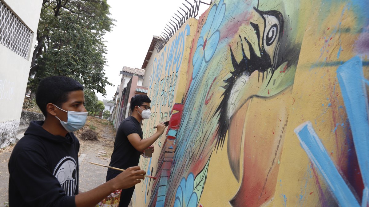 Los jóvenes vecinos pintan murales que bordean el Bosque Tropical.