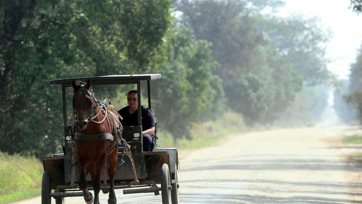 Un familia menonita circula en un carruaje, en la comunidad Villa Nueva, Santa Cruz (Bolivia).