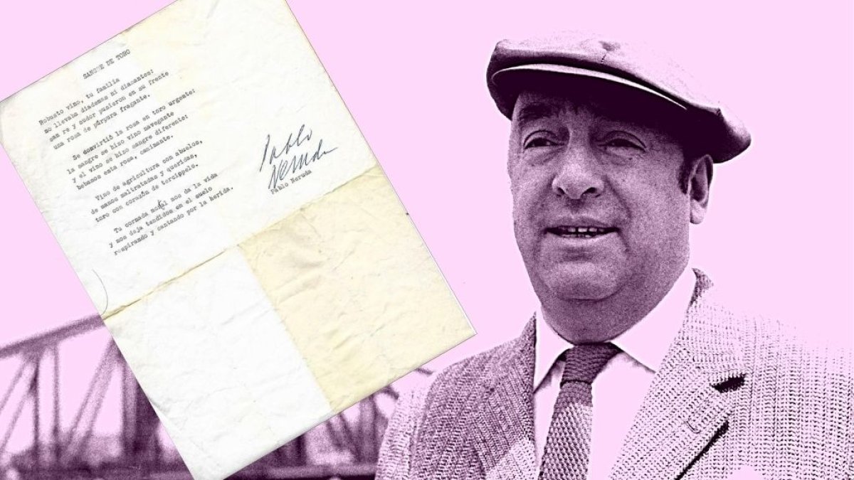 Un retrato del poeta chileno Pablo Neruda y una versión inédita de un soneto escrito por él a máquina de escribir.