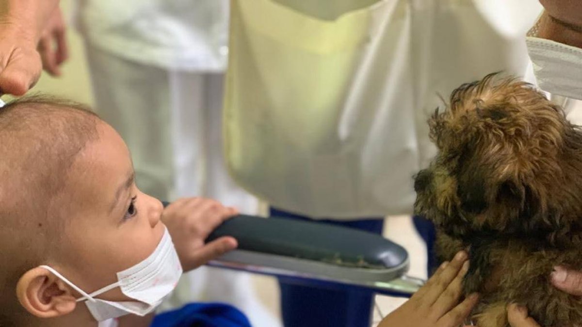 Bombón llegó a Solca para visitar a los niños, quienes se emocionaron al verlo.