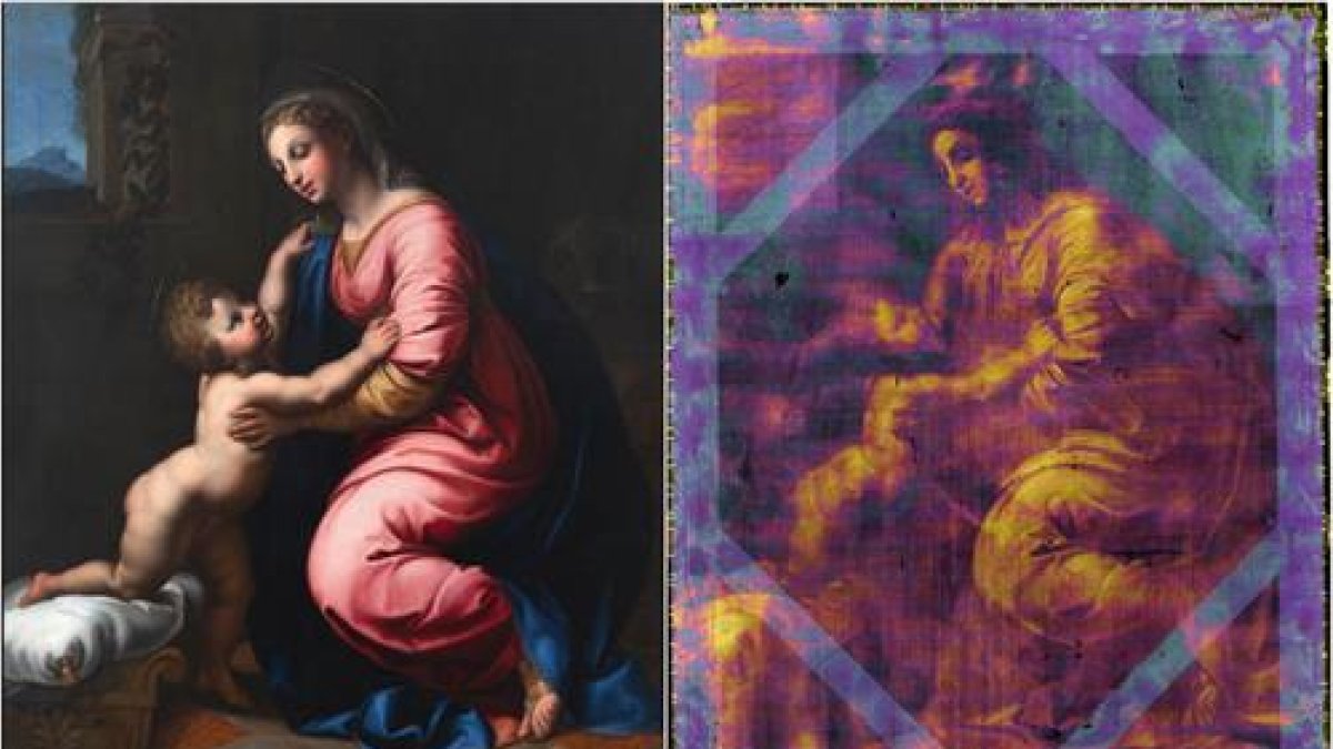 La Virgen y el Niño de Rafael con la inspección con el escáner de rayos X robótico.