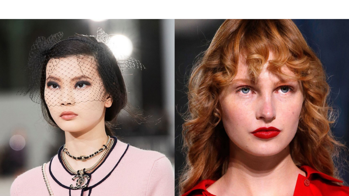 Ojos con sombras ahumadas y labios rojos.