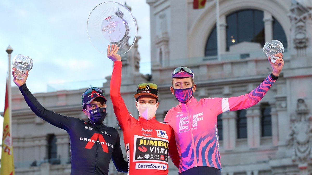 Richard Carapaz (i) en el podio de la Vuelta a España junto a Primoz Roglic y Hugh Carthy.