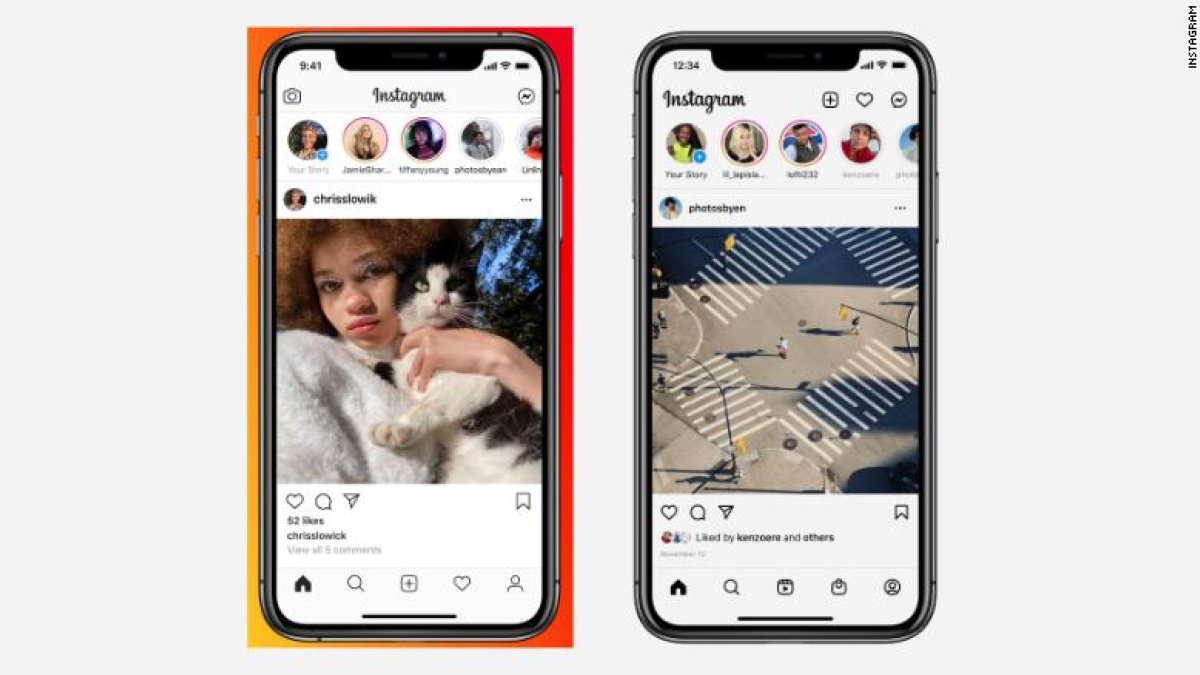 Instagram renovó su pantalla de inicio (derecha), moviendo algunas pestañas, mientras agrega nuevos botones para carretes y compras.