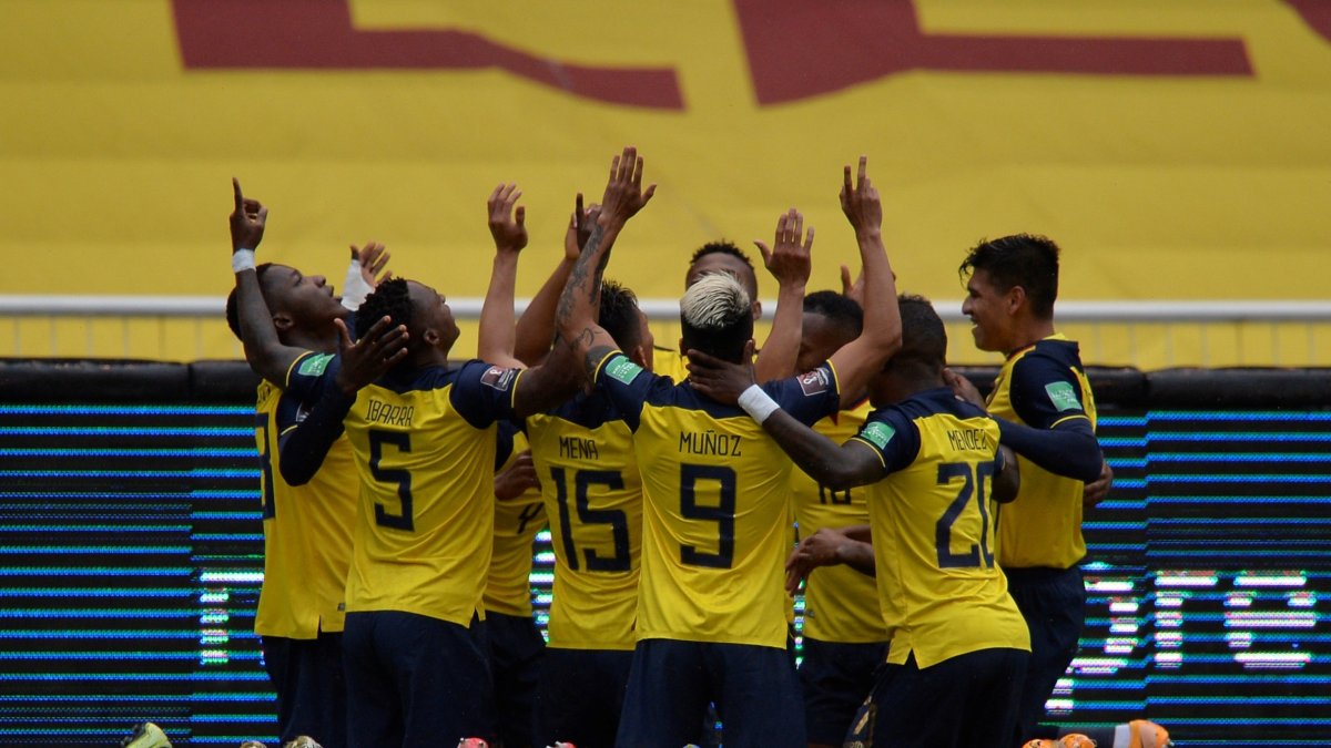 Los jugadores de la selección ecuatoriana celebran uno de los tantos ante el elenco cafetero.