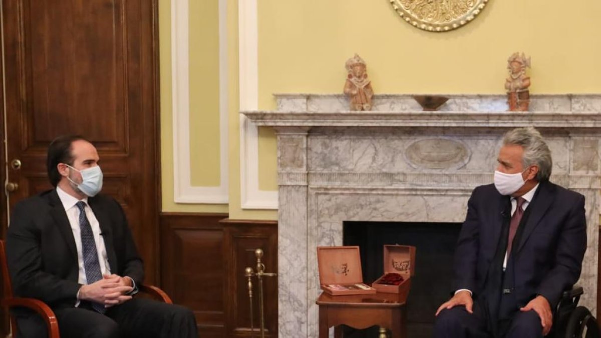 Mauricio Claver-Carone, presidente del BID, en reunión con el presidente Lenín Moreno, en Washington.