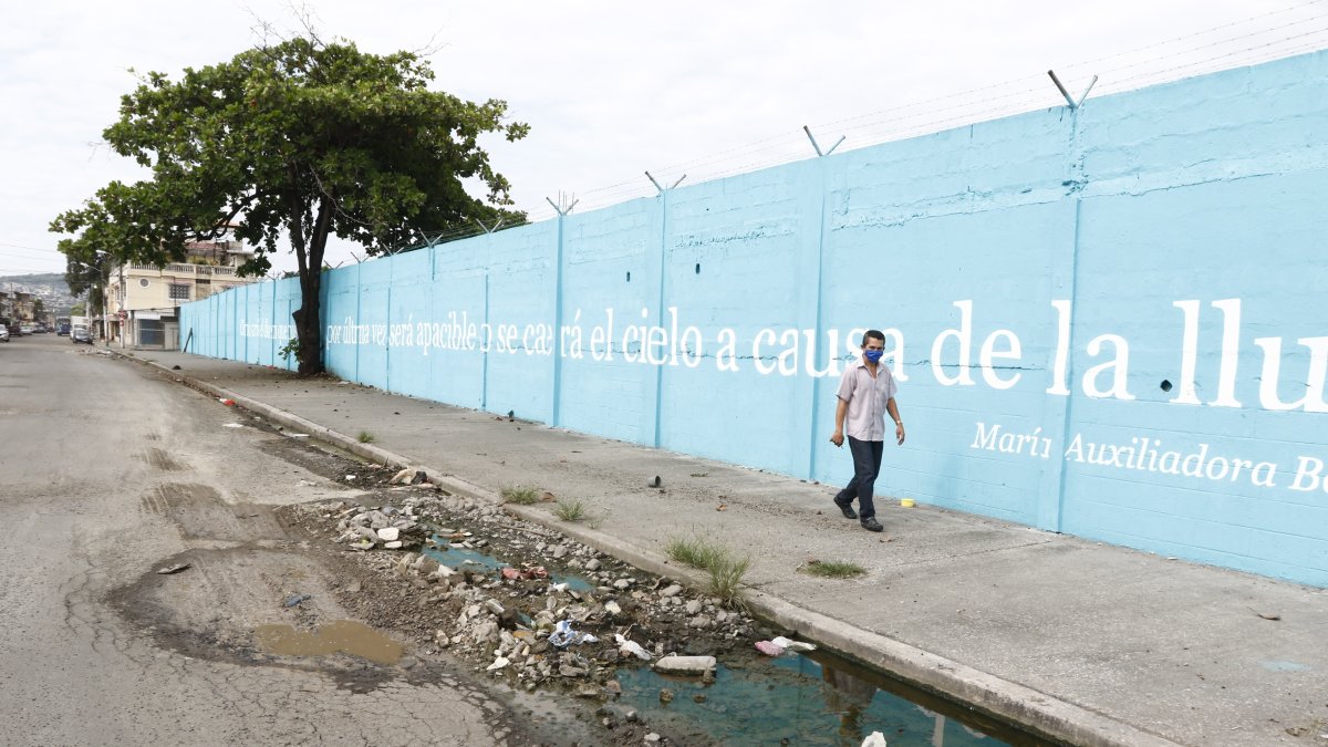 Imagen. En el suburbio, junto a un bache, se observa una de las frases del proyecto municipal Letras Vivas.