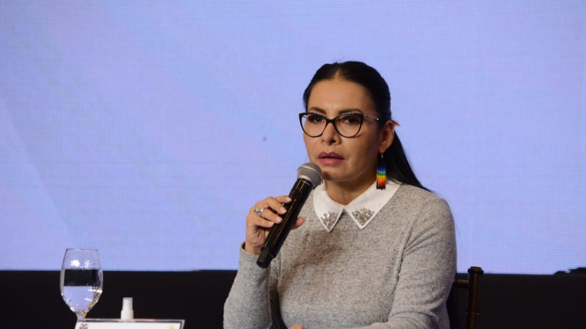 La presidenta del CNE, Diana Atamaint, en rueda de prensa, cerca de las 22:00 de este 12 de abril de 2021.