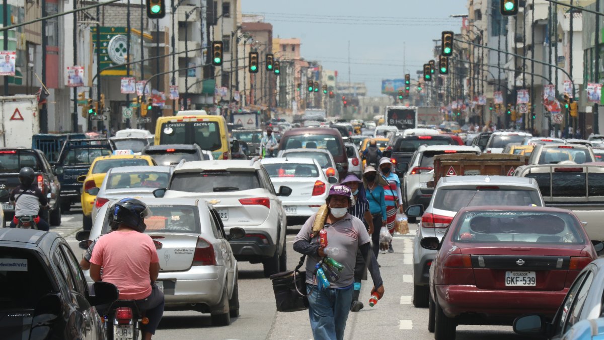 Avenida Quito. Una fila de vendedores ofrecen una variedad de productos, el ciudadano no puede identificar cuál está disfrazado y en realidad es un delincuente que busca la oportunidad para robar.