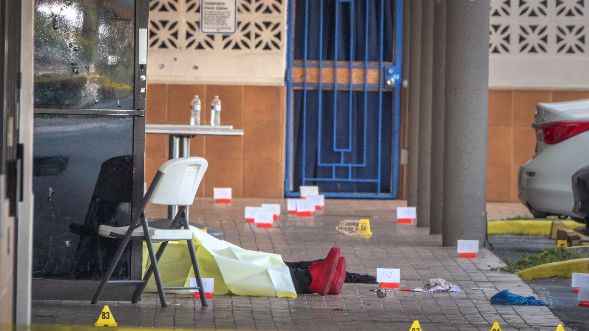 A victim's body is seen at the shooting scene at entrance of the Billiards banquet hall in Miami Gardens, Florida, USA,