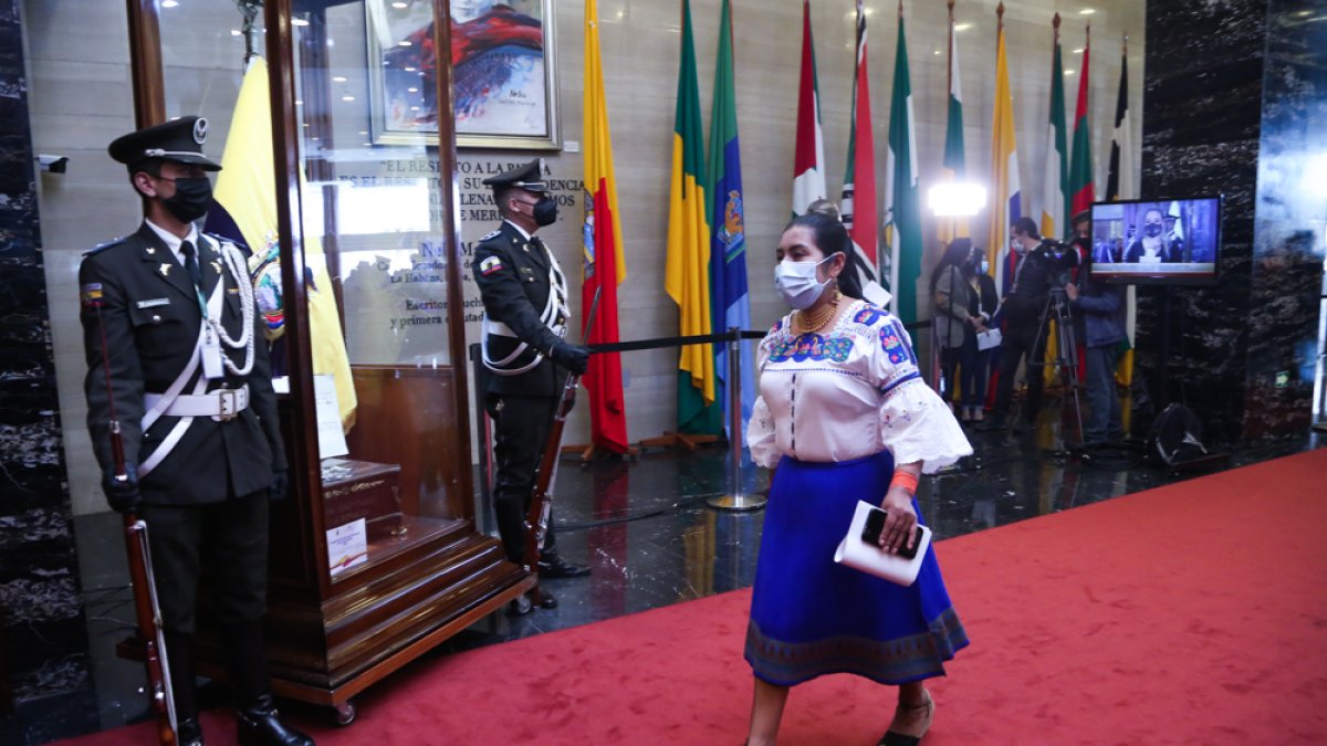 Decidida. Con paso firme entra la asambleísta Dina Farinango al salón plenario, dispuesta a comerse la Corte Constitucional si es necesario.