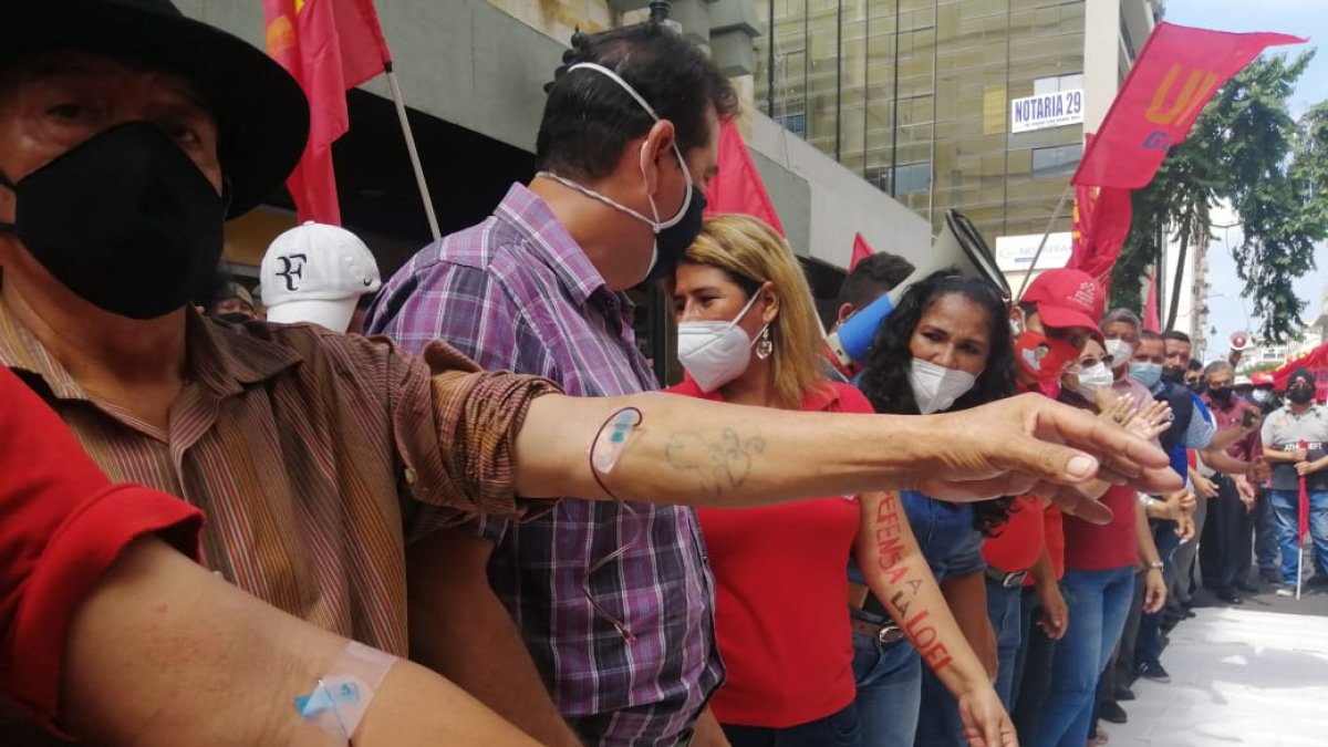 Desangramiento de los profesores, como protesta, en los bajos de la Corte de Guayaquil.
