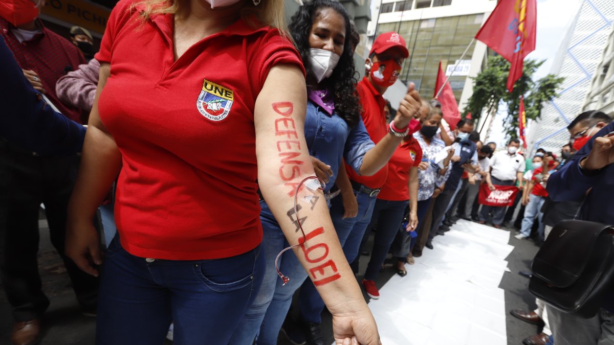 Más de una docena de maestros se pincharon las venas y derramaron sangre con la que escribieron consignas en defensa de la vigencia de la reforma a la LOEI suspendida por la Corte Constitucional.