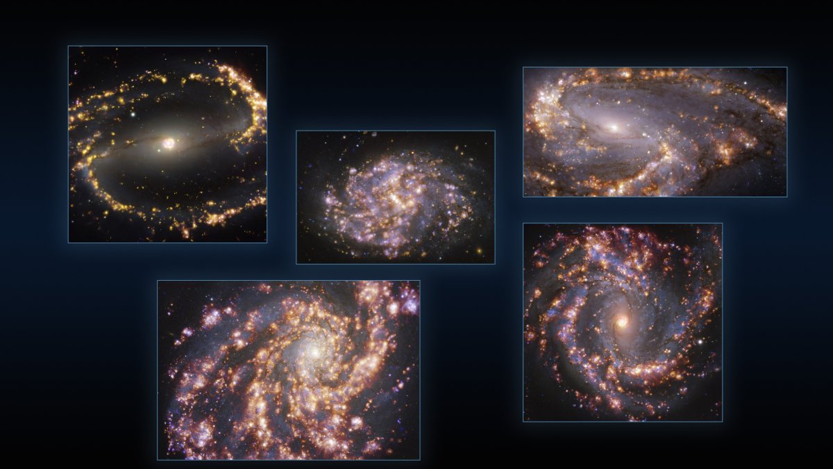 Esta imagen combina observaciones de cinco galaxias tomadas con el instrumento MUSE (Multi-Unit Spectroscopic Explorer, explorador espectroscópico multi-unidad), instalado en el Very Large Telescope (VLT) de ESO.