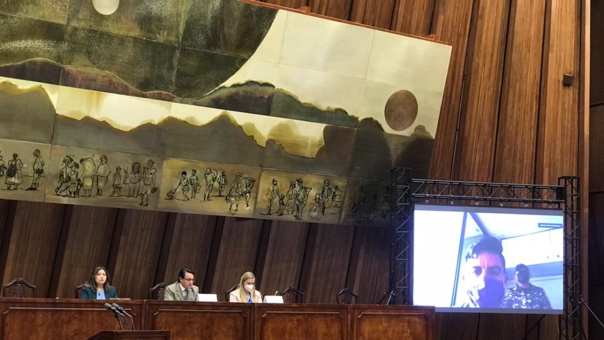 Comisión. Daniel Salcedo compareció desde la cárcel 4 de Quito. La Comisión de Fiscalización sesiona en el antiguo salón del Senado de la República.