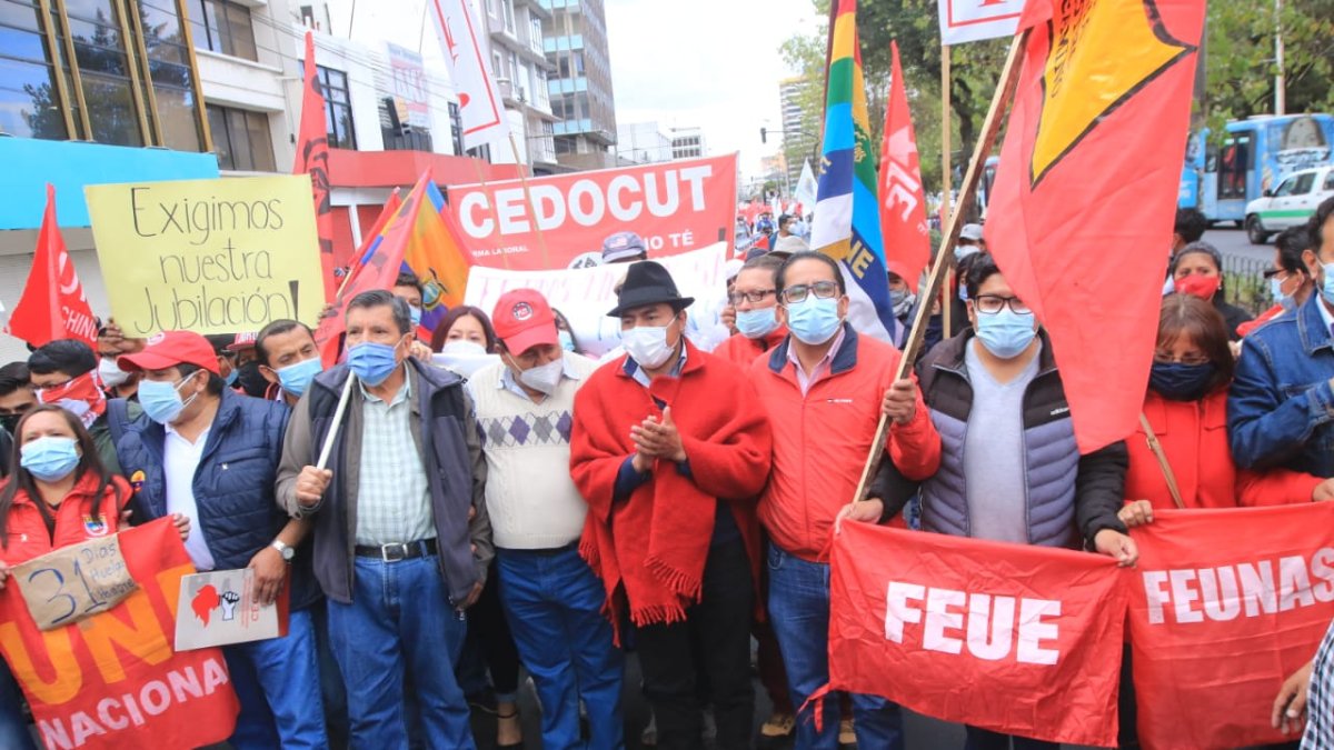 Quito. Leonidas Iza, presidente de la Conaie, participó en la protesta social.