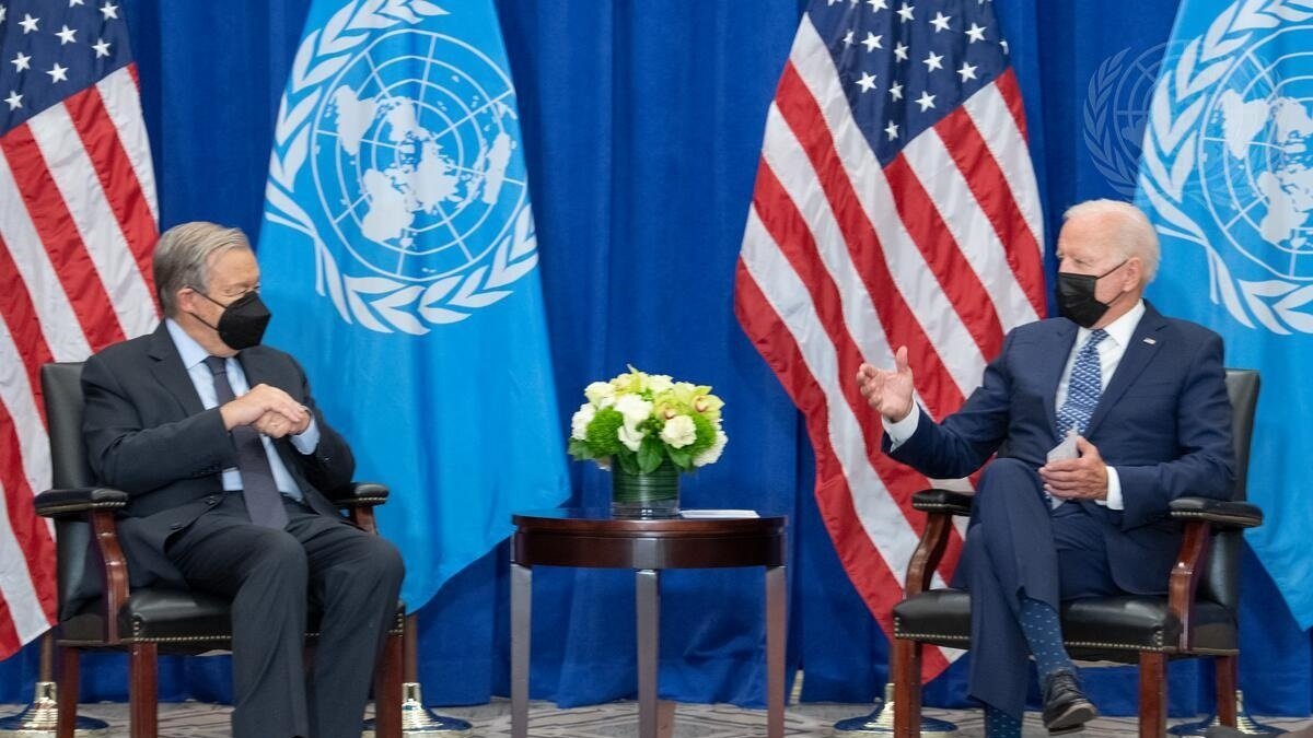 l secretario general de la ONU, António Guterres (i), y el presidente de los EE.UU. Joe Biden, en un diálogo. /Eskinder Debebe