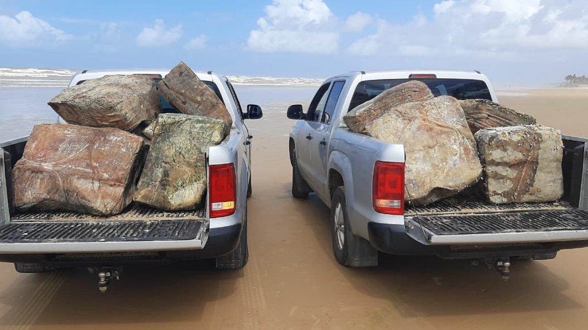 Dos camionetas cargadas de despojos arrojados por el mar sobre las playas del estado de Sergipe,