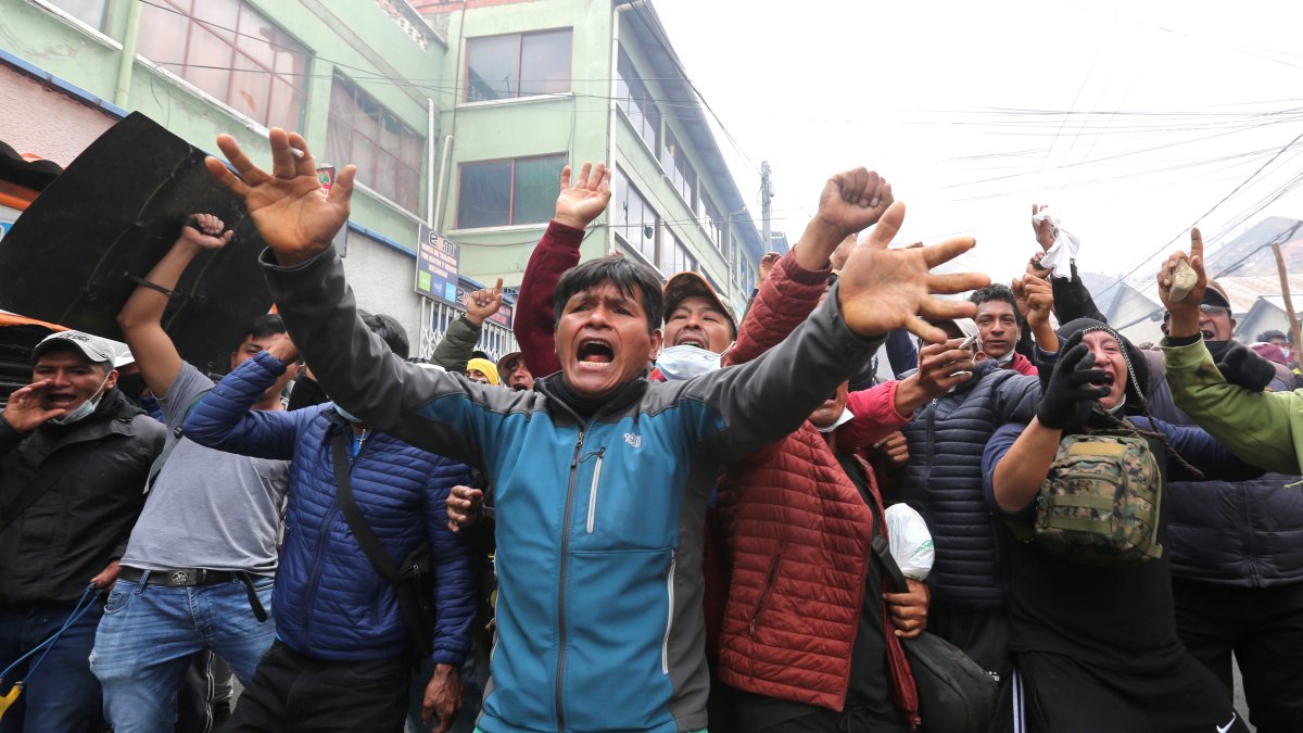 Un grupo de cocaleros festeja luego de retomar de la sede de la Asociación Departamental de Productores de Coca (Adepcoca) hoy, en La Paz (Bolivia).
