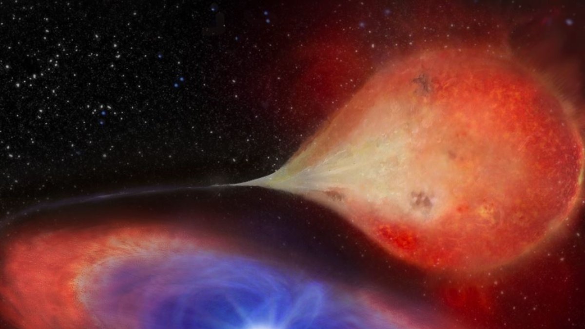 Impresión artística de una enana blanca -en esta imagen, la enana blanca MV Lyrae- que se acrecienta al absorber material de una estrella compañera.