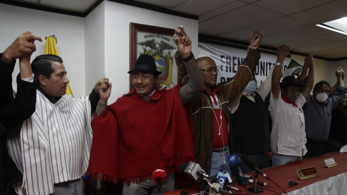 Convocatoria. Leonidas Iza y varios dirigentes sociales ratificaron la convocatoria para marchar este martes.