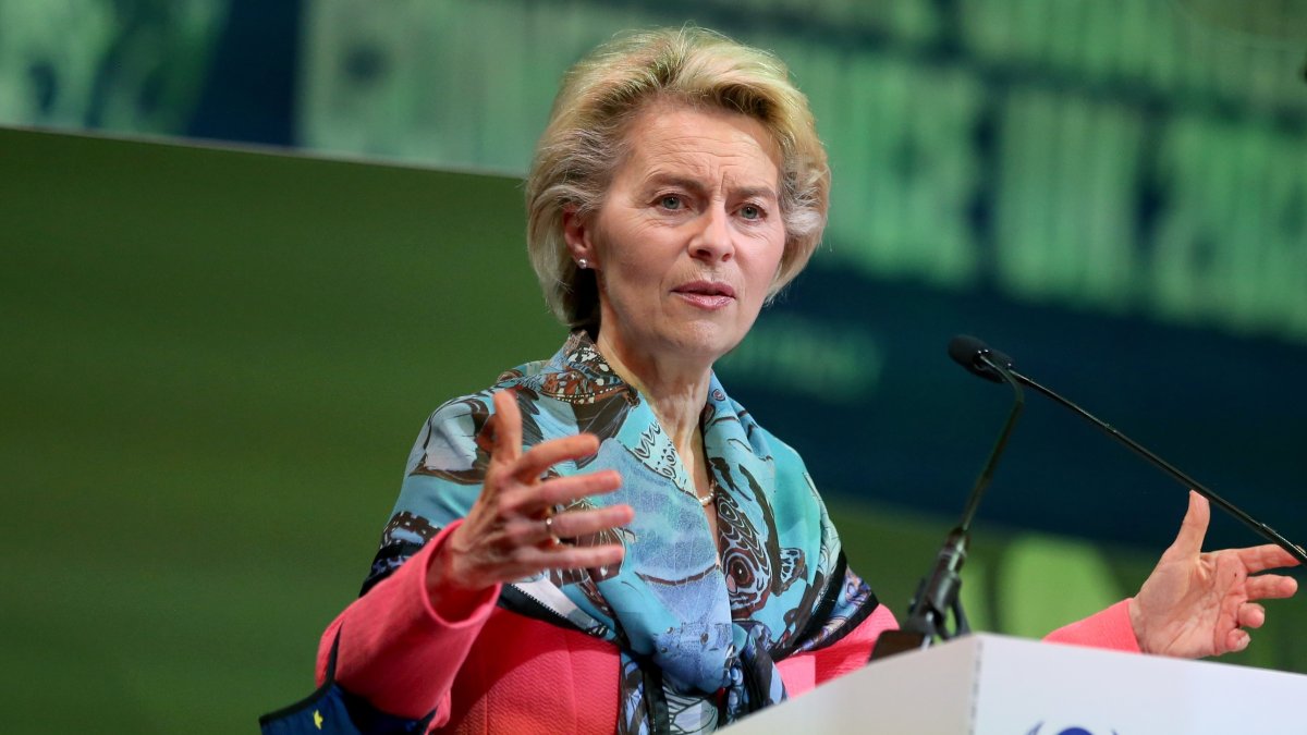 European Commission President Ursula von der Leyen speaks during the Action on Forests and Land Use session at the UN Climate Change Conference (COP26) in Glasgow, Britain.