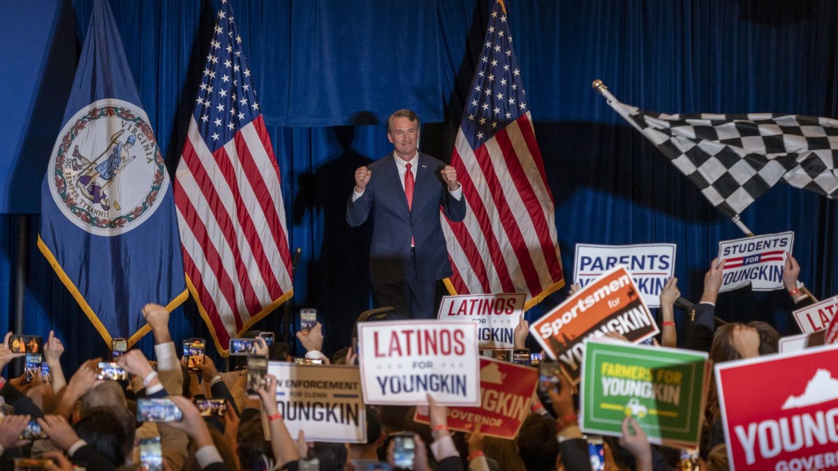 El republicano Glenn Youngkin se dirige a sus seguidores, luego de ganar las elecciones a gobernador del estado de Virginia, en Chantilly (Virginia, EE.UU.) Ken Cedeno /