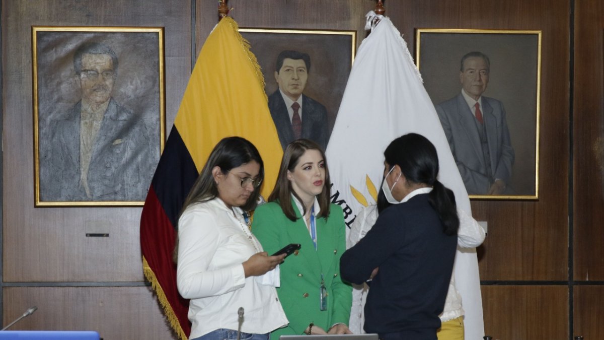 Receso. Los correístas Victoria Desintonio y Mónica Palacios instruyen al presidente de la Comisión, Fernando Cabascango.