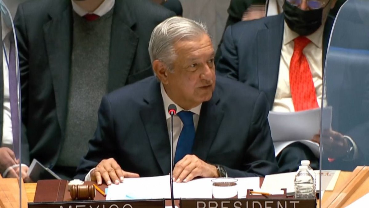 El presidente mexicano Andrés Manuel López Obrador durante su discurso ante el Consejo de Seguridad de la ONU
