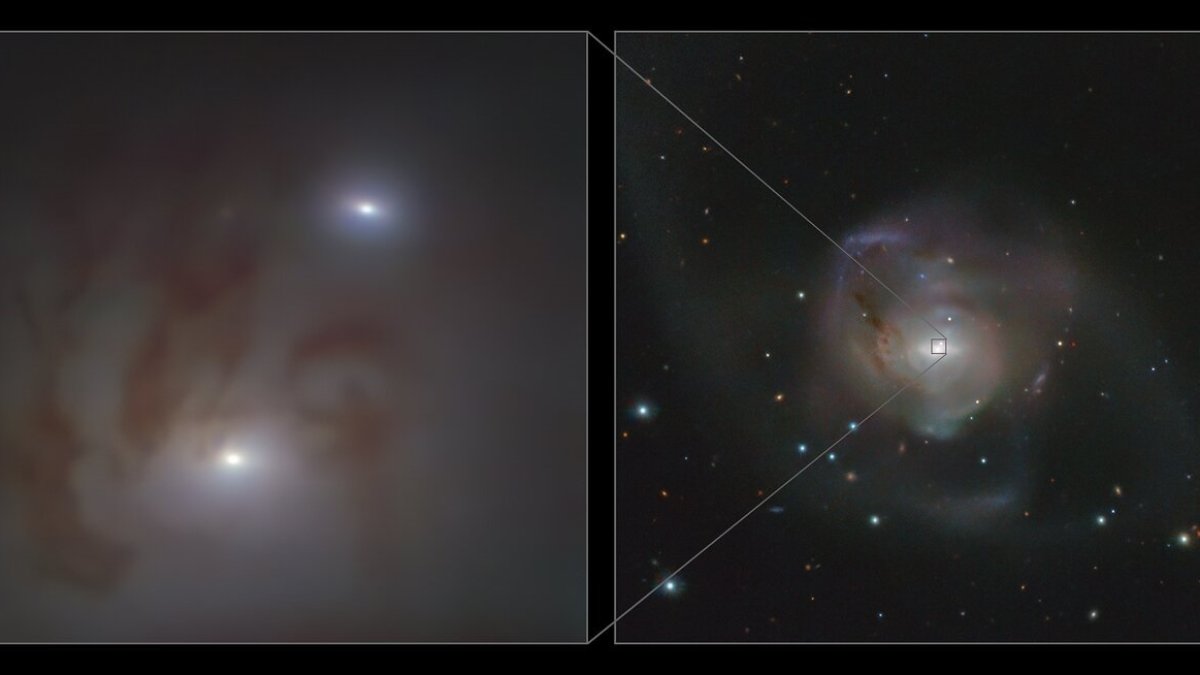 Imagen de un primer plano (i) y una vista amplia (d) de los dos núcleos galácticos brillantes, cada uno de los cuales alberga un agujero negro supermasivo.