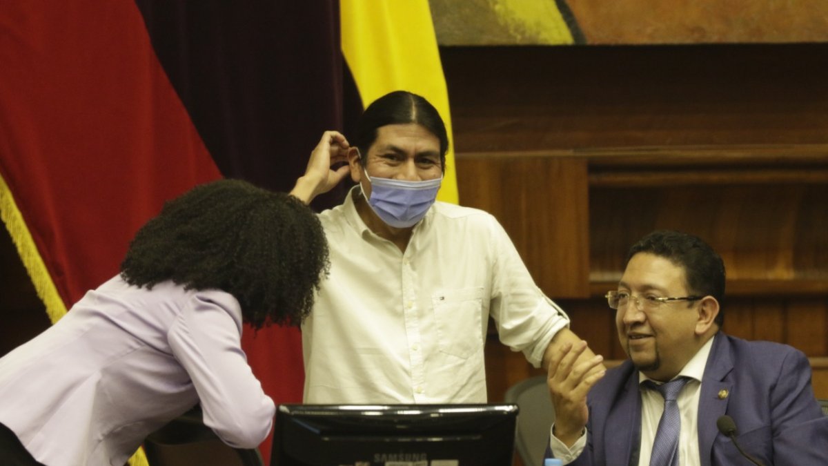 Comisión. Paola Cabezas, que quiere tumbar a Lasso, conversa con Virgilio Saquicela, que lo defiende. Fernando Cabascango se rasca la cabeza.