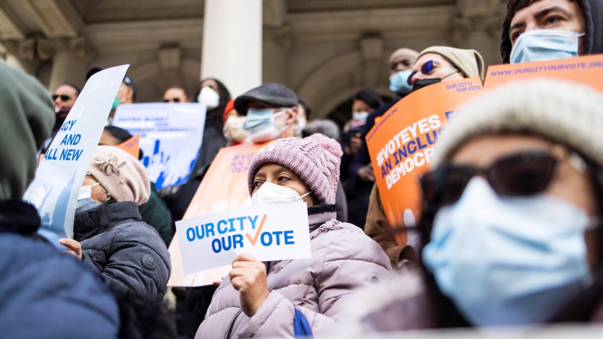 Los partidarios del proyecto de ley se reúnen para una manifestación en las escalinatas del Ayuntamiento de Nueva York