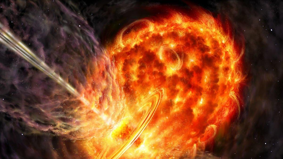 Ilustración de dos estrellas interactuando en una misma atmósfera.