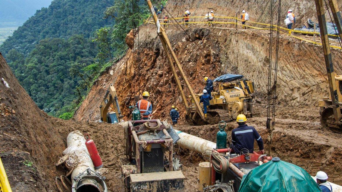 Fotografía cedida hoy por el Ministerio de Energía de Ecuador, que muestra a trabajadores instalando la tubería del Sistema de Oleoducto Transecuatoriano (SOTE), sometido a una reconducción, en el sector del Reventador en la Amazonía, donde se registró un proceso de 
