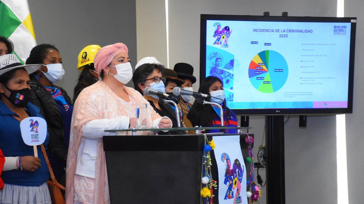 La ministra boliviana de la Presidencia, María Nela Prada, en compañía de ministras de Estado y dirigentes de organizaciones sociales, declara a la prensa sobre la 