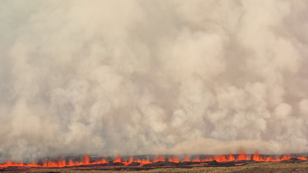 Fotografía cedida por el Parque Nacional Galápagos que muestra el fuego que avanza tras la erupción del volcán Wolf, en la isla Isablea de Galápagos 