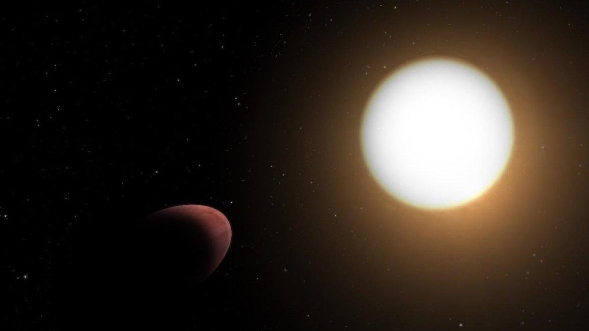 Representación artística del planeta WASP-103b deformado por las potentes fuerzas de marea de su estrella anfitriona, WASP-103