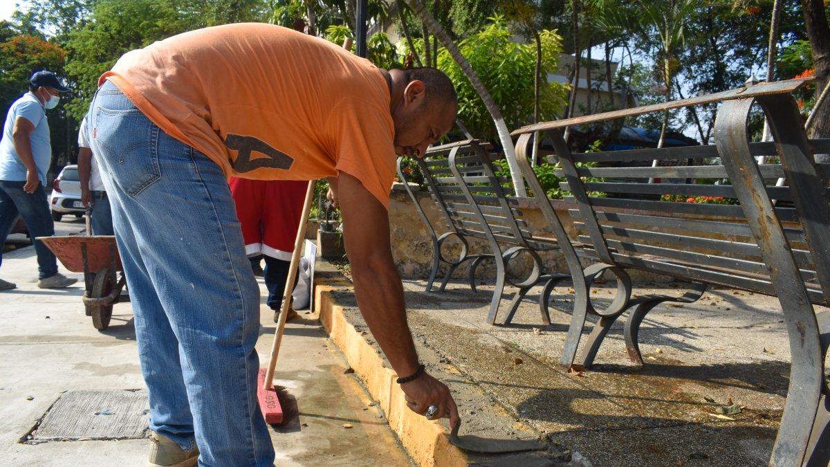 Obreros realizan la readecuación de los muros de las jardineras de la Ciudadela Universitaria.