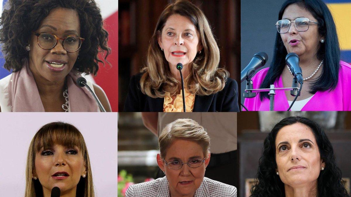 (Arriba-der. a izq.) la vicepresidente de Costa Rica, Epsy Campbell Barr, la vicepresidenta de Colombia, Marta Lucía Ramírez, la vicepresidente de Venezuela, Delcy Rodríguez y de (abajo-der. a izq.) la ministra de Justicia de Paraguay, Carla Bacigalupo, la ministra de Gobierno, Alexandra Vela y la ministra de Economía y Finanzas de Uruguay, Azucena Arbeleche.