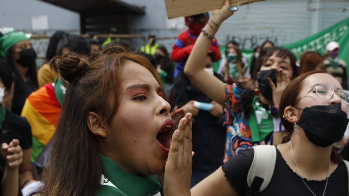 Constancia. Militantes feministas acompañaron la maratónica sesión desde la puerta de la Asamblea. La próxima semana volverán.