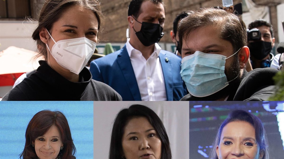 Combo de fotografías en el que se registró: arriba, a la primera dama de Chile, Irina Karamanos (i), junto al presidente electo Gabriel Boric, y, abajo de izquierda a derecha, a la vicepresidenta de Argentina, Cristina Fernández; a Keiko Fujimori y a la presidente de Honduras, Xiomara Castro.